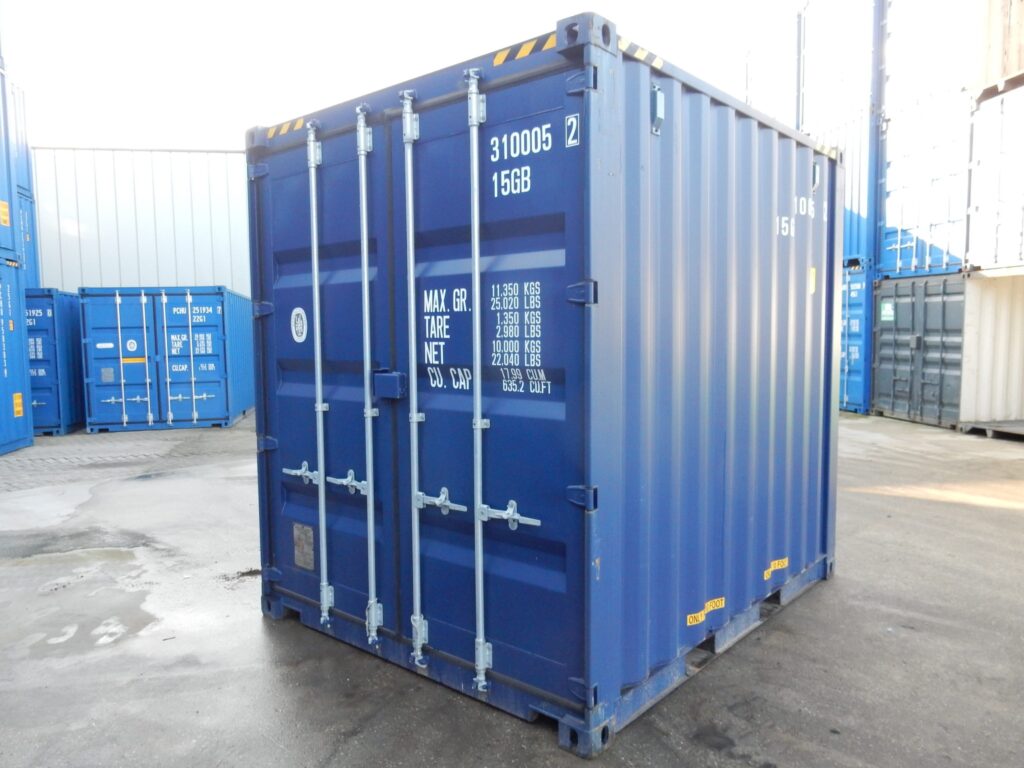 Blue 10ft high cube shipping container in a container yard